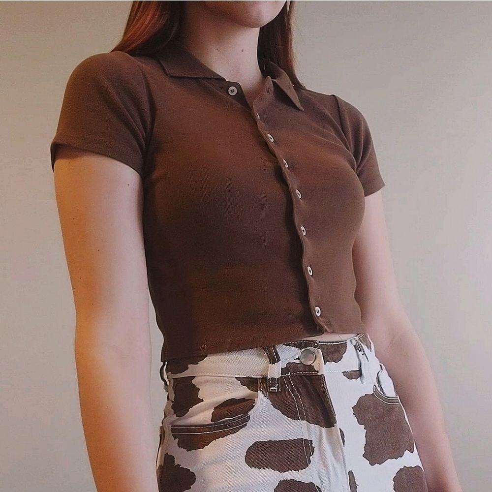 John Galt brown baby tee button down cropped short sleeve collared shirt